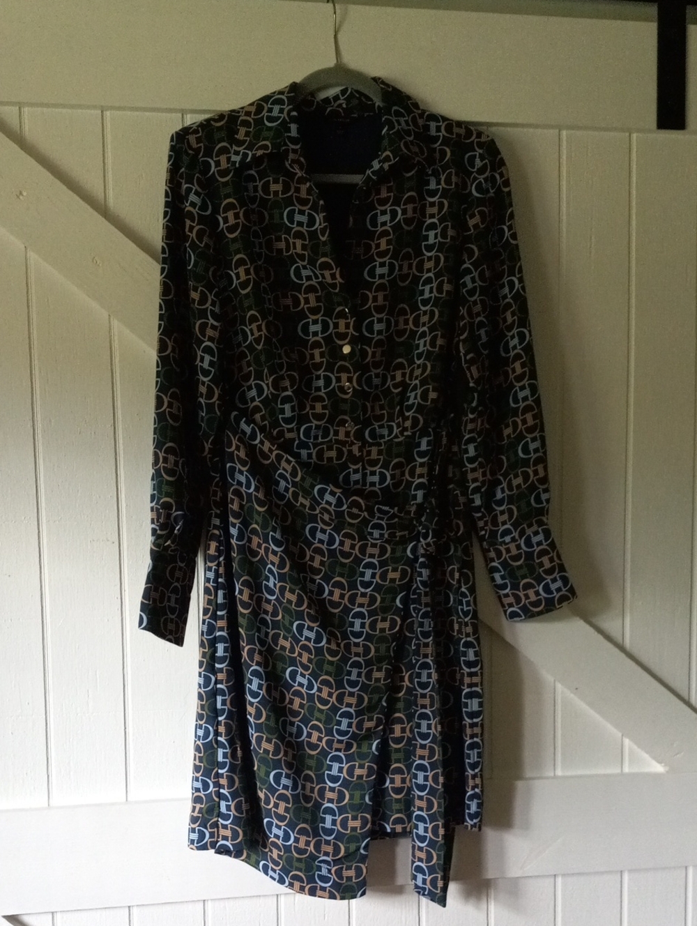 Ann Taylor Navy Geometric Horsebit Print Long Sleeve Dress Size 4